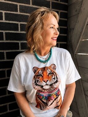 Tiger Graphic Tee - Vibrant Jewel Design (no stones, colorful imprinted jewels)